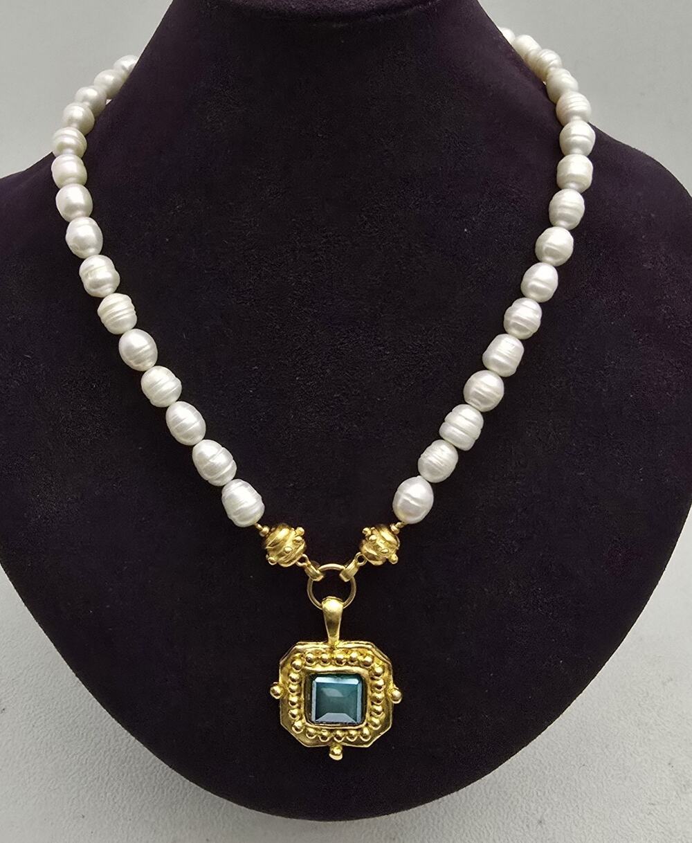 Susan Shaw Necklace Freshwater Pearl Square French Cut Glass Cab 24k TPG